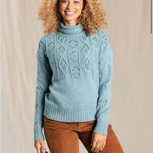TOAD&CO 100% Wool Cable Knit Sweater Women's XS Blue Tupelo Turtleneck